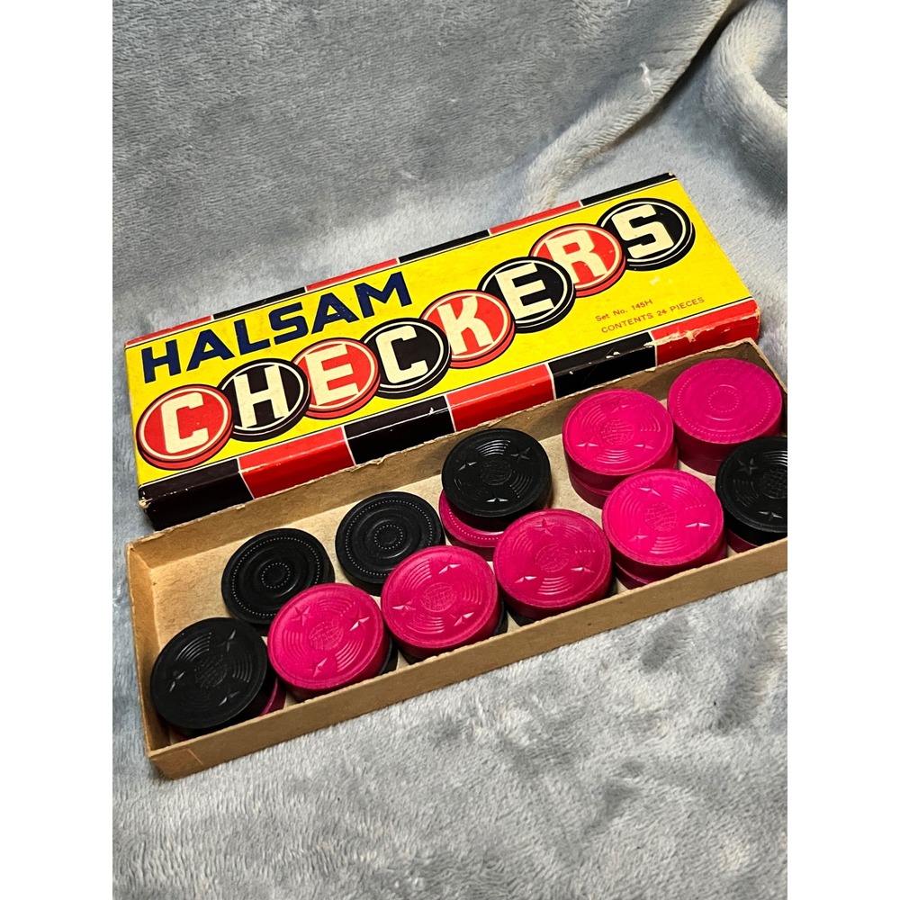 Vintage Halsam Checkers Set No 145H Red Black Replacement Box MCM 20pc